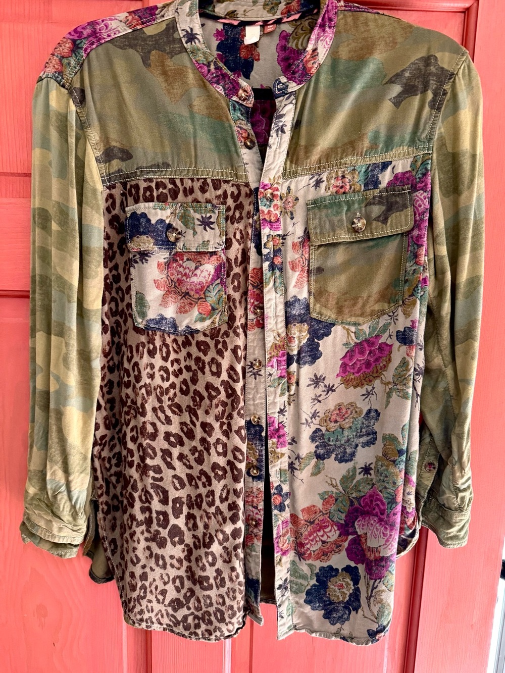 Pilcro Mixed-Print Button-Down Shirt in floral and animal print.
